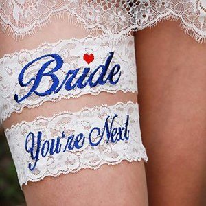 Bridal Garter Set Ivory Lace Embroidered Bride and You're Next in Royal Blue NIP